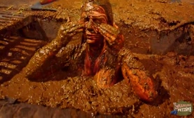 Kinky Betty taking bath in warm cowshit 